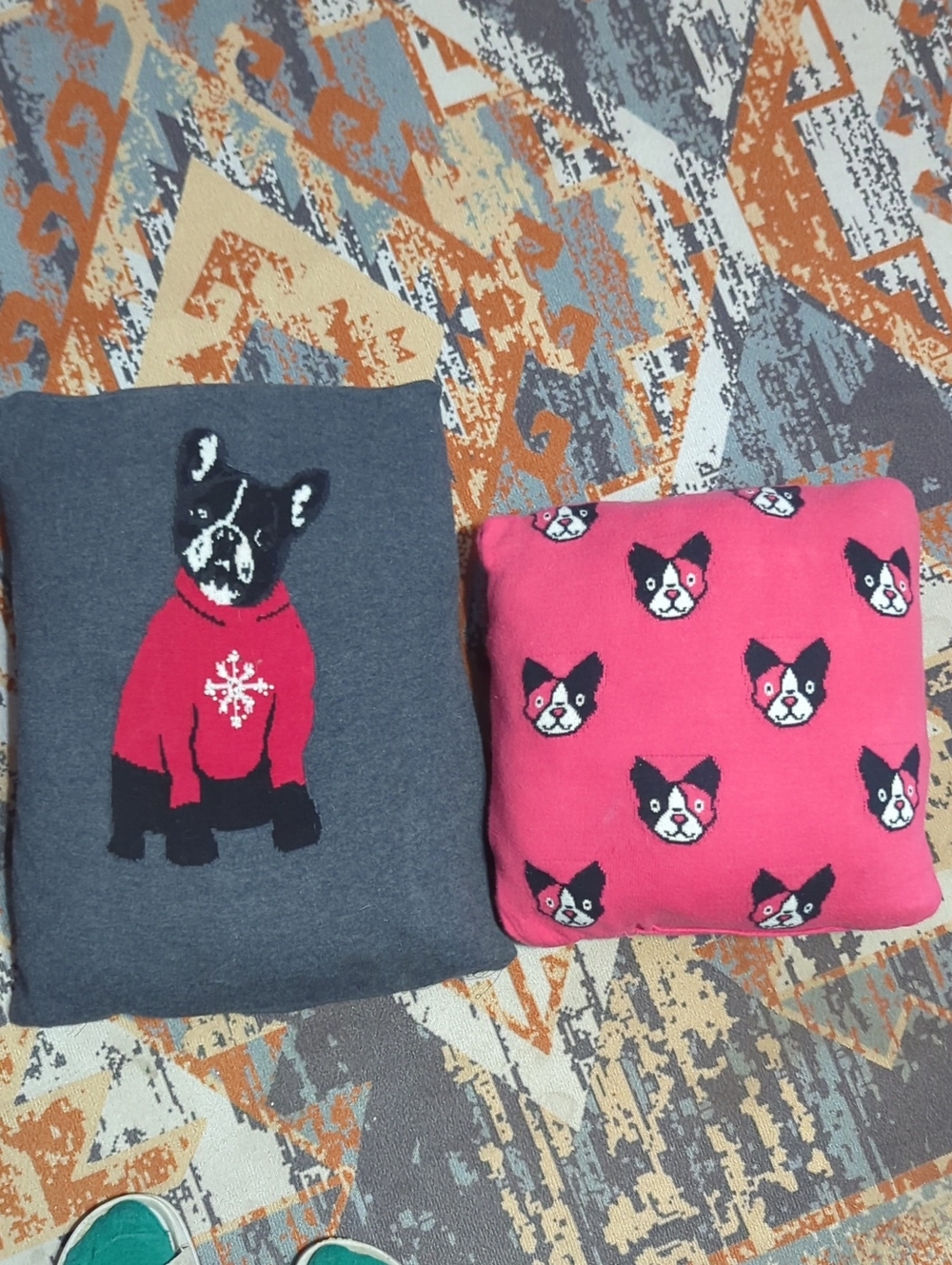 upcycled knit sweaters, featuring a gray pillow with a French bulldog Harlequin